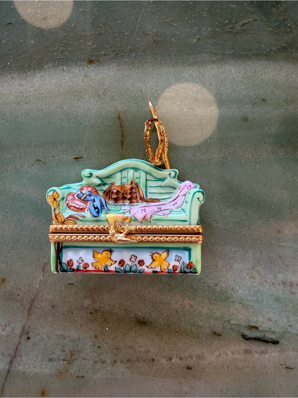 Rare Limoges Hand Painted Porcelain Day Bed With Hat + Lamp Trinket Box #26/500